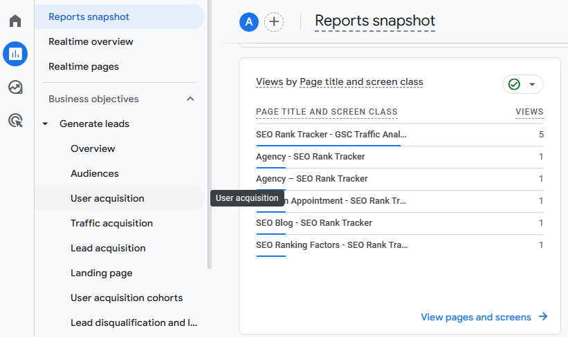User acquisition report GA4